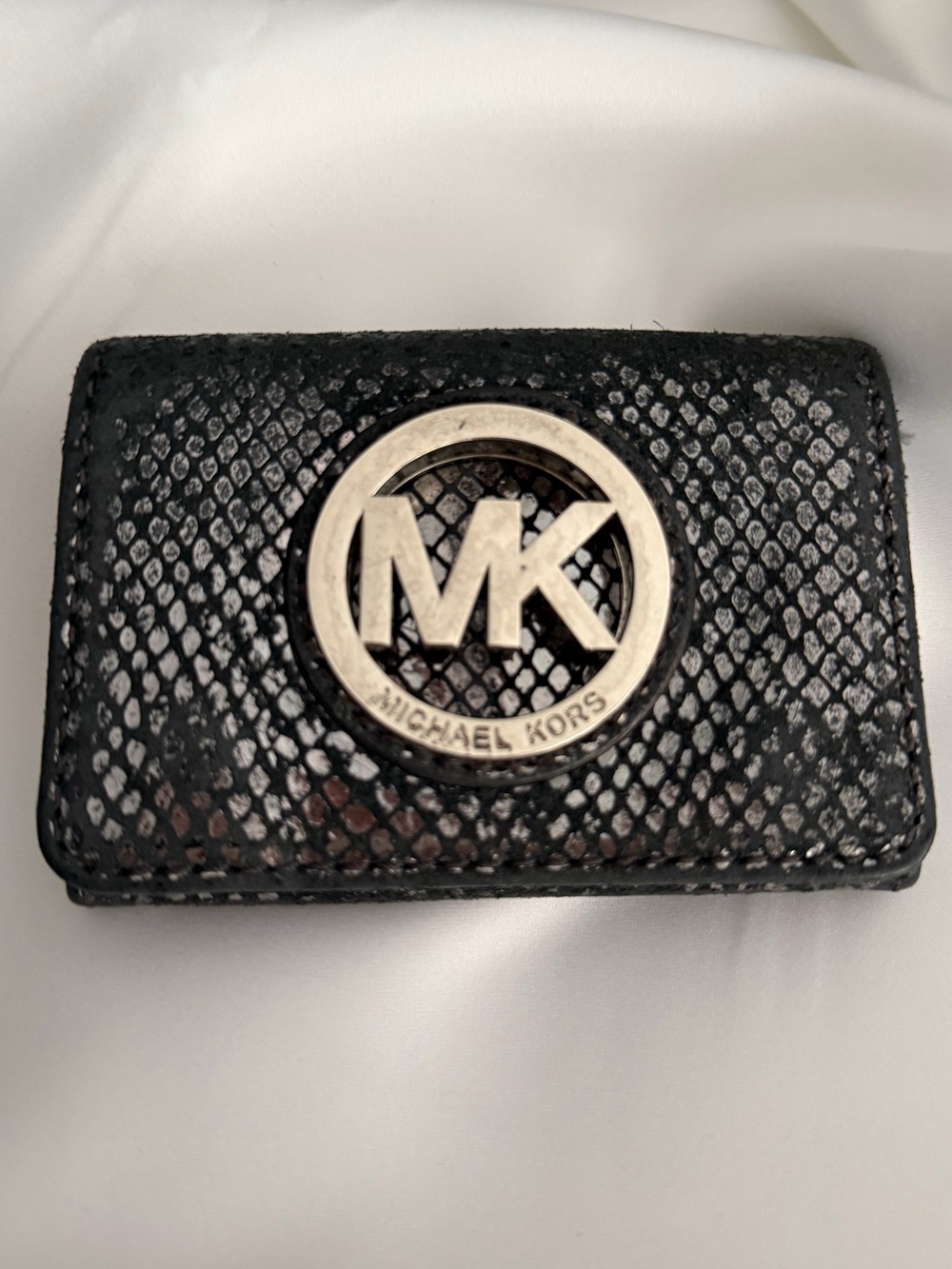 Michael Kors Black Snake-Embossed Card Wallet with Silver MK Medallion